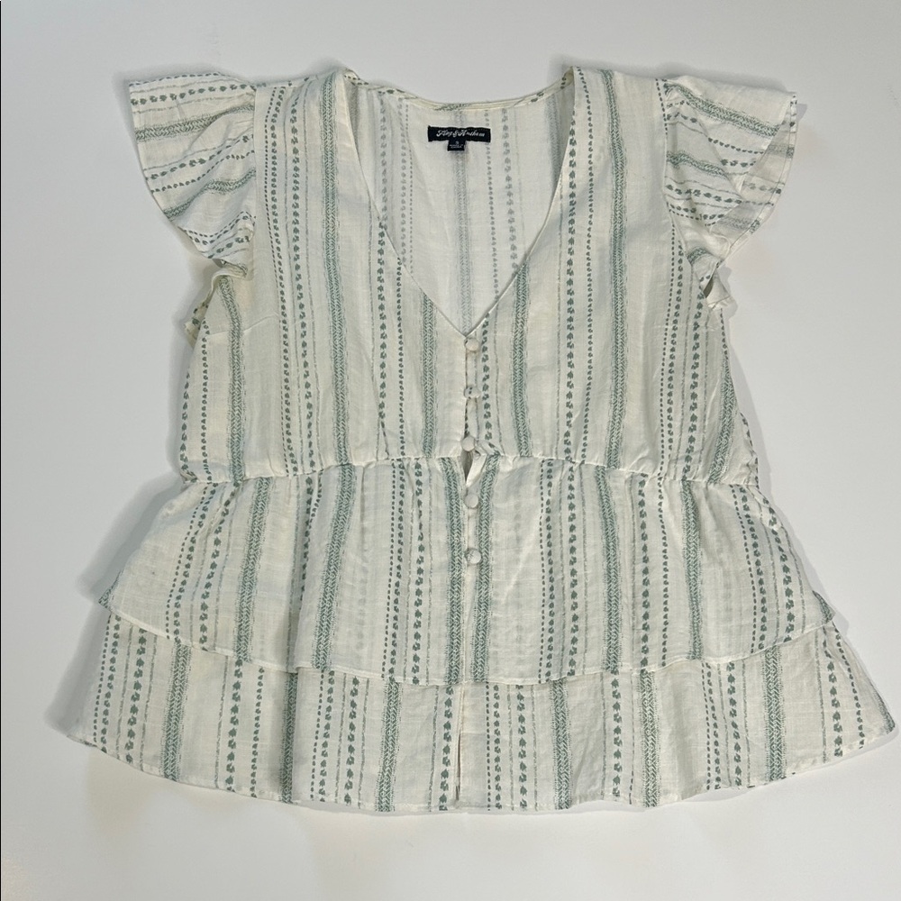 Flag and Antham White and Green Striped Ruffle Blouse